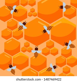 Bee and honeycomb vector pattern. Beekeeping and apiary theme with yellow honeycomb full of honey and cartoon bees. Bee-house repeating illustration.