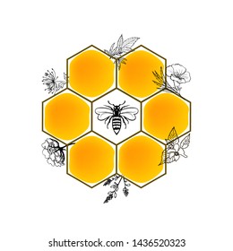 Bee, honeycomb, wild herbs. Icon illustration vector design template. Suitable for business of honey industry, website design, card, sticker