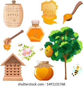 Bee, honeycomb, wooden honey dipper, glass jar full of honey. Organic and natural product. Organic food design concept.
Vector illustration in flat  cartoon style on white background. 