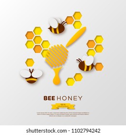 Bee with honeycombs and dipper, paper cut style. Template design for beekeeping and honey product. White background, vector illustration.