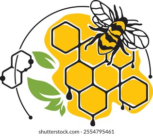 Bee and honeycombs with leaves over white