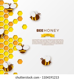 Abeja con peines de miel, estilo corte de papel. Diseño de plantilla para apicultura y producto miel, fondo blanco, ilustración vectorial.