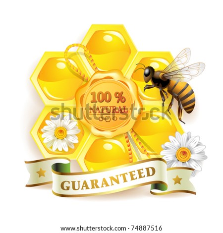 Bee with honeycombs and quality seal isolated on white