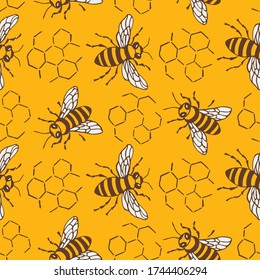 Bee and honeycombs seamless pattern. Yellow background with insect. Colorful vector illustration.