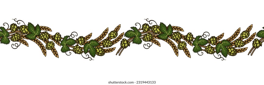 Bee hop and ears of wheat or barley seamless border. Hop branches with green cones and leaves and wheat ears. Hand drawn vector illustration isolated on white background. 