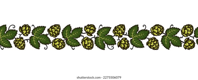 Bee hop seamless border. Hop branches with green cones and leaves. Brewery, beer festival, bar, pub design elements. Hand drawn vector illustration isolated on white background. 