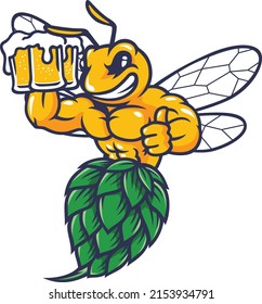 Bee with a Hop shaped belly Holding 3 Glasses Full of Beer