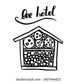 Bee hotel insect butterfly bug house, wooden object produced to mimic the solitary bees natural breeding nests. Doodle by hand black white background. Applicable for Banners Poster. Vector