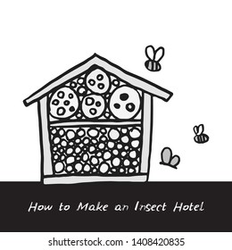 Bee hotel insect butterfly bug house, wooden object produced to mimic the solitary bees natural breeding nests. Doodle by hand black white background. Applicable for Banners Poster. Vector