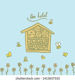 Bee hotel insect butterfly bug house, wooden object produced to mimic the solitary bees natural breeding nests. Doodle by hand green brown blue background. Applicable for Banners Poster. Vector