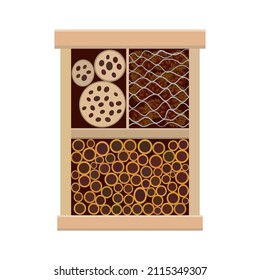 Bee hotel insecto ladybug casa de insectos mariposa, objeto de madera producido para imitar las abejas solitarias nidos de reproducción natural. Aislado en fondo blanco, espacio de copia. Aplicable para el afiche de los carteles. Vector