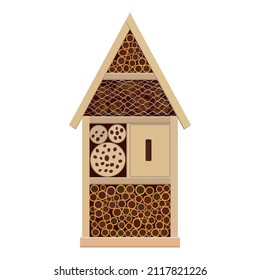 Bee hotel insecto ladybug casa de insectos mariposa, objeto de madera producido para imitar las abejas solitarias nidos de reproducción natural. Aislado en fondo blanco, espacio de copia. Aplicable para el afiche de los carteles. Vector