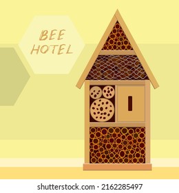 Bee hotel insecto ladybug casa de insectos mariposa, objeto de madera producido para imitar las abejas solitarias nidos de reproducción natural. en fondo amarillo verde, espacio de copia. Aplicable para el afiche de los carteles. Vector