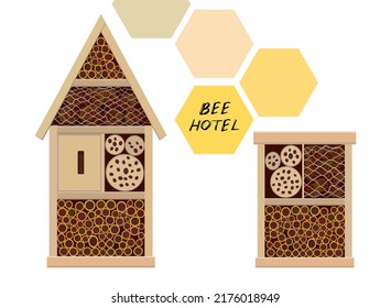 Bee hotel insect ladybug butterfly bug house, wooden object produced to mimic the solitary bees natural breeding nests. Isolated on white background, copy space. Applicable for Banners Poster. Vector 