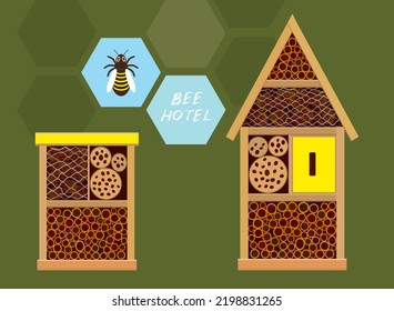 Bee hotel insecto ladybug casa de insectos mariposa, objeto de madera producido para imitar las abejas solitarias nidos de reproducción natural. En el fondo verde, copiar espacio. Aplicable para el afiche de los carteles. Vector 