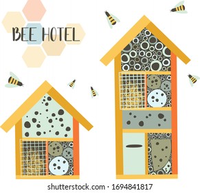 Bee hotel. Wood house with compartments and natural components. House in garden for insect. Flat vector illustration. Perfect for poster, print