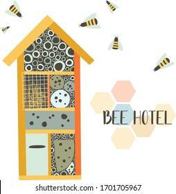 Bee hotel. Wood house with compartments and natural components. House in garden for insect. Flat vector illustration. Perfect for poster, print