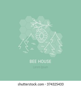 Bee house in forest made in line style vector isolated on honeycomb background. Beehive logotype. Natural product label.