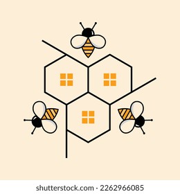 Bee and house illustration design. Honey bee flat design. Elegant icon for real estate company.