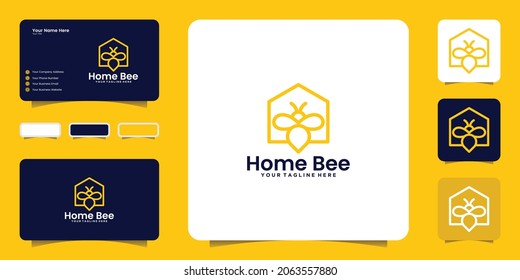 casa de abejas con logotipo de estilo de línea y diseño de tarjetas de visita