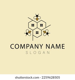 Bee and house logo design. Honey bee logo and emblem vector. Elegant logo for real estate company.