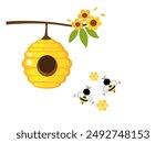 Bee house, tree branch, yellow flower and bee cartoons isolated on white background vector.