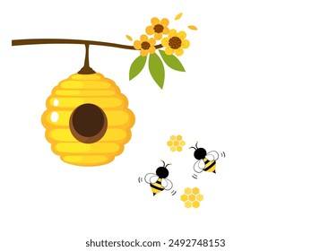 Bee house, tree branch, yellow flower and bee cartoons isolated on white background vector.