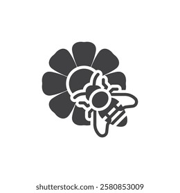 A bee hovering near a flower vector icon. filled flat sign for mobile concept and web design. Bee on flower glyph icon. Pollination symbol, logo illustration. Vector graphics