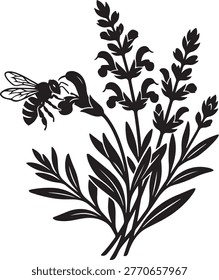 Bee hovering near lavender flowers in black silhouette design  