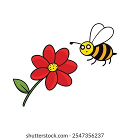Uma abelha pairando perto de uma flor vermelha.