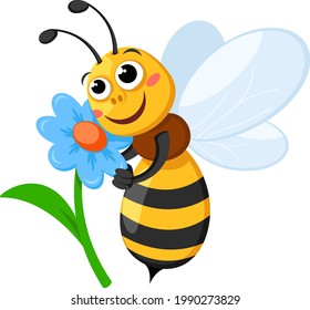 Bee hugs a flower on a white background. The character