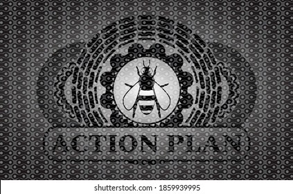 bee icon and ACTION PLAN text dark abstract badge. Pattern handsome background. Intense illustration. 