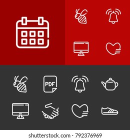 Bee icon with alarm bell, handshake, pdf editable symbols. Set of computer, calendar, file icons and gumshoes concept. Editable vector elements for logo app UI design.