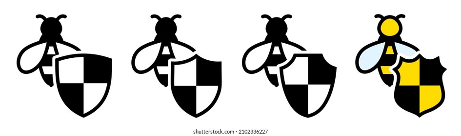 Bee icon behind shield, different versions. Honey bees protection concept