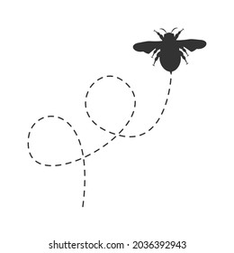 Bee icon. Bee black silhouette flying on a dotted route. Vector illustration isolated on the white background.