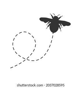 Icono de abeja. Silueta negra de abejas volando por una ruta punteada. Ilustración vectorial aislada en el fondo blanco.