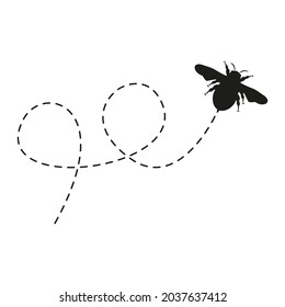 Icono de abeja. Silueta negra de abejas volando por una ruta punteada. Ilustración vectorial aislada en el fondo blanco.