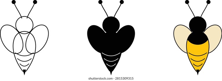 Bee Icon Collection. Honey Bee Insect Symbols Set. Flying Pollinator Illustration. Nature and Wildlife Elements
