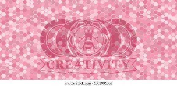 bee icon and Creativity text pink color tile mosaic style pattern realistic emblem. Geometric hexagon fancy background. Vector illustration. 