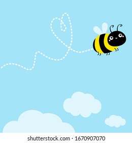 Bee icon. Dash line heart. White clouds. Flying insect collection. Cute cartoon kawaii funny baby caharacter. Happy Valentines Day. Flat design. Blue sky background. Isolated. Vector illustration
