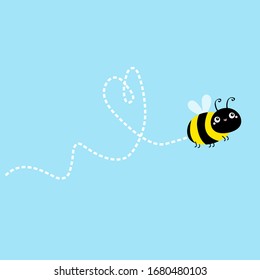 Bee icon. Dash line heart. Flying insect collection. Cute cartoon kawaii funny baby caharacter. Happy Valentines Day. Flat design. Blue sky background. Isolated. Vector illustration