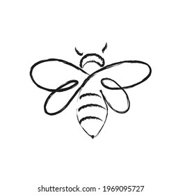 Bee icon drawn with a black brush isolated on white. Watch out for bee hives. Apiary for the production of honey. Printing on decorative pillows. Vector graphics.