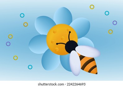 Bee icon with a flower. One insect collecting nectar. Close-up of a bee, a large blue daisy against the sky. Vector cartoon 3d illustration. Labor concept, beekeeping, apiary, meadow and environment.