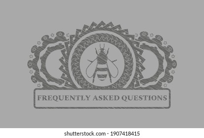 bee icon and Frequently Asked Questions text Grey stroke emblem. Solid graceful background. Artistic illustration. 