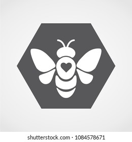 Bee icon. Grey Bee in Hexagon with Heart. Vector illustration. Beekeeper Logo.