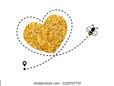 Bee icon with heart shaped dotted path line and golden glitter heart
