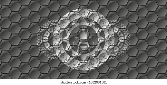 bee icon inside grey shiny hexagon pattern realistic emblem. Trendy classic background. Illustration. 