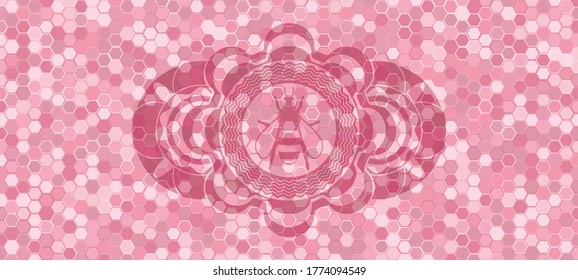 bee icon inside pink color tiles mosaic style pattern realistic badge. Geometric hexagon handsome background. Vector illustration. 