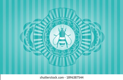 bee icon inside Turquoise color realistic badge. Bars graceful background. Illustration. 