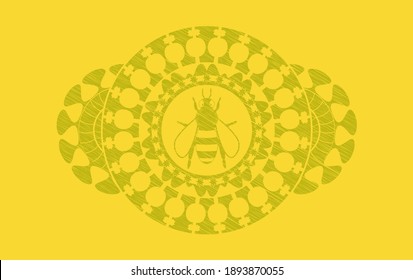 bee icon inside Yellow stroke emblem. Lemon fashionable background. Intense illustration. 